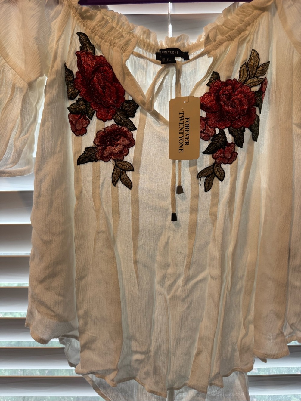 Forever 21 White Peasant Tunic with Red Rose Embroidery